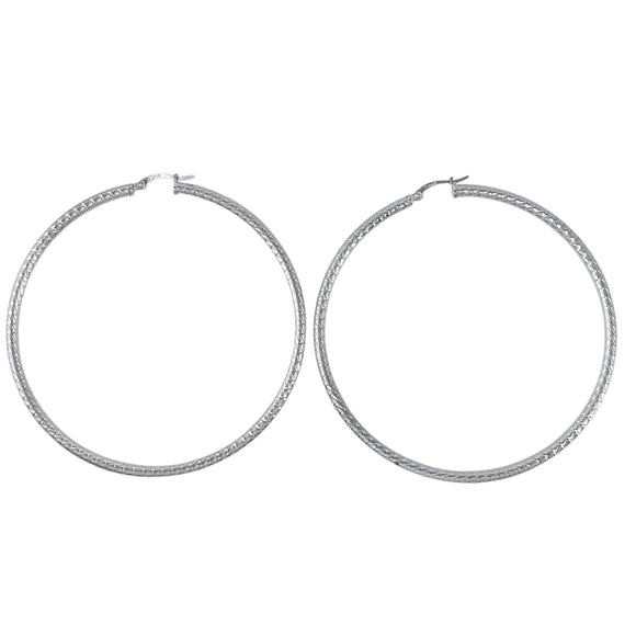 Estate Italy Sterling Silver 925 7cm Textured Hoop Earrings - Picture 3 of 7